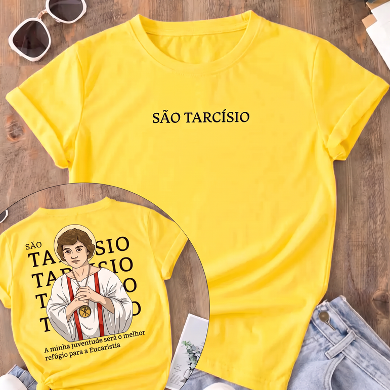 Camiseta São Tarcísio Frente e Costas Feminina Amarela
