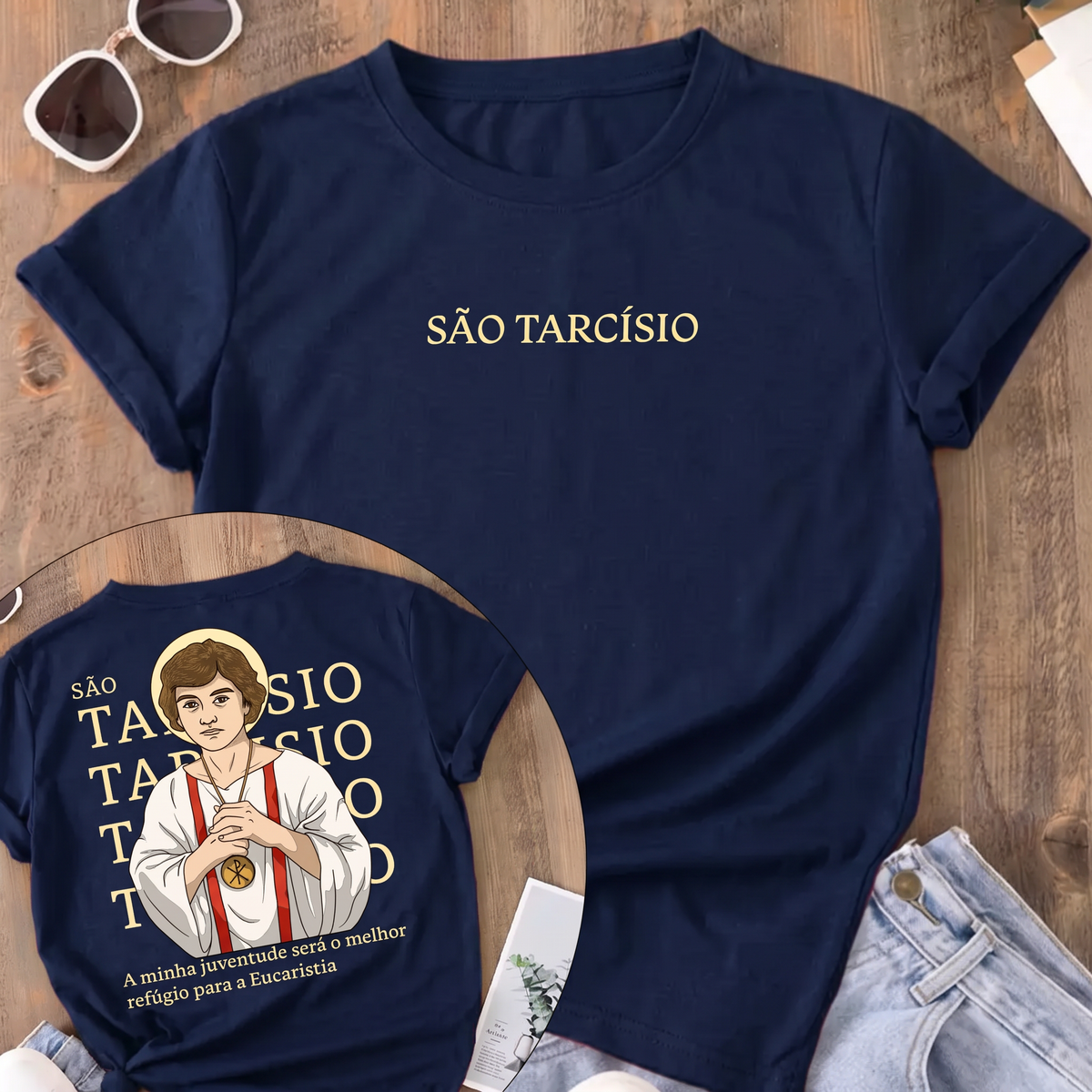 Camiseta São Tarcísio Frente e Costas Feminina Azul-marinho