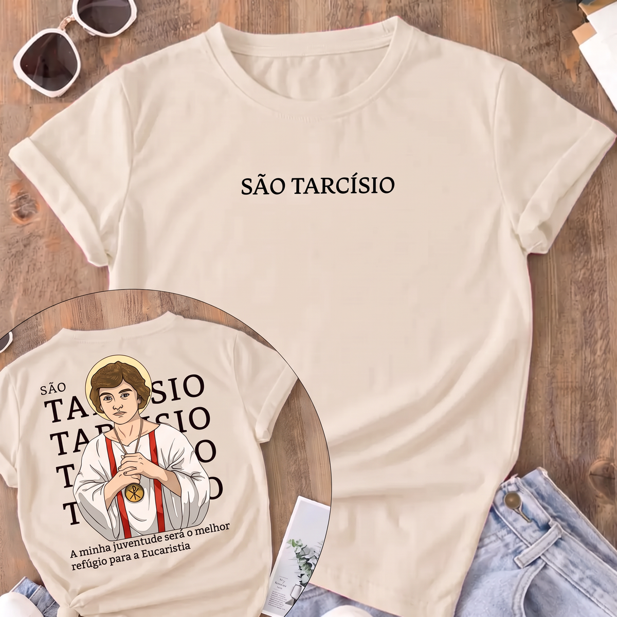 Camiseta São Tarcísio Frente e Costas Feminina Bege