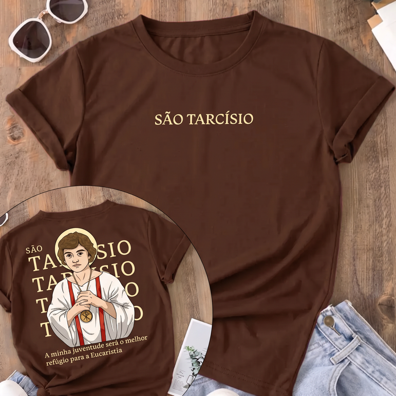 Camiseta São Tarcísio Frente e Costas Feminina Marrom