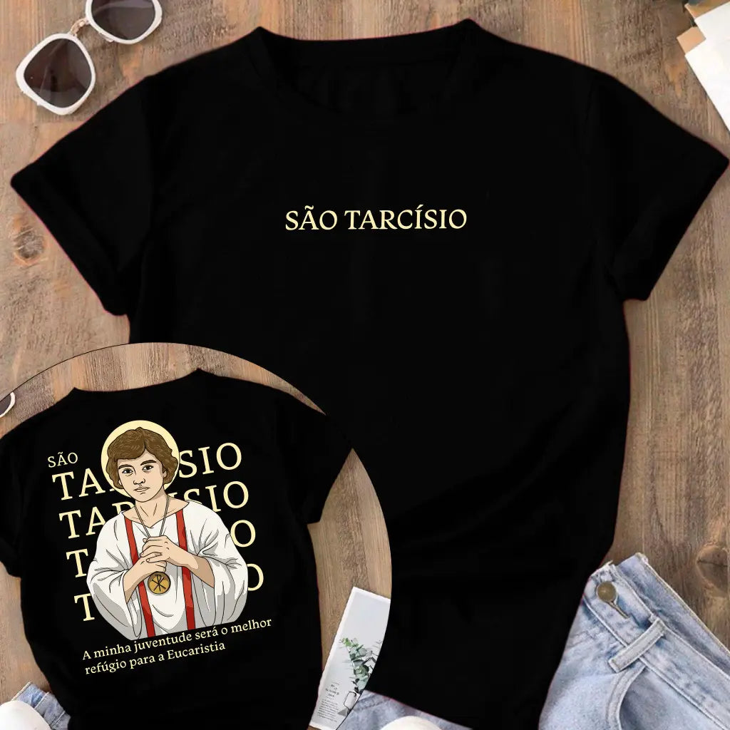 Camiseta São Tarcísio Frente e Costas Feminina Preto