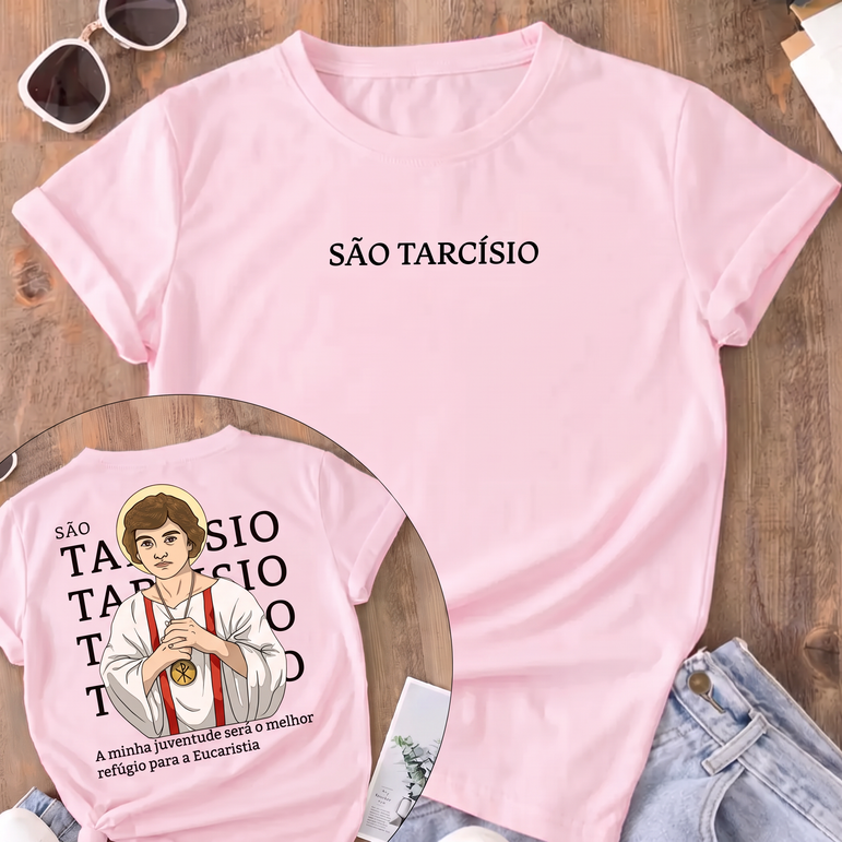 Camiseta São Tarcísio Frente e Costas Feminina Rosa