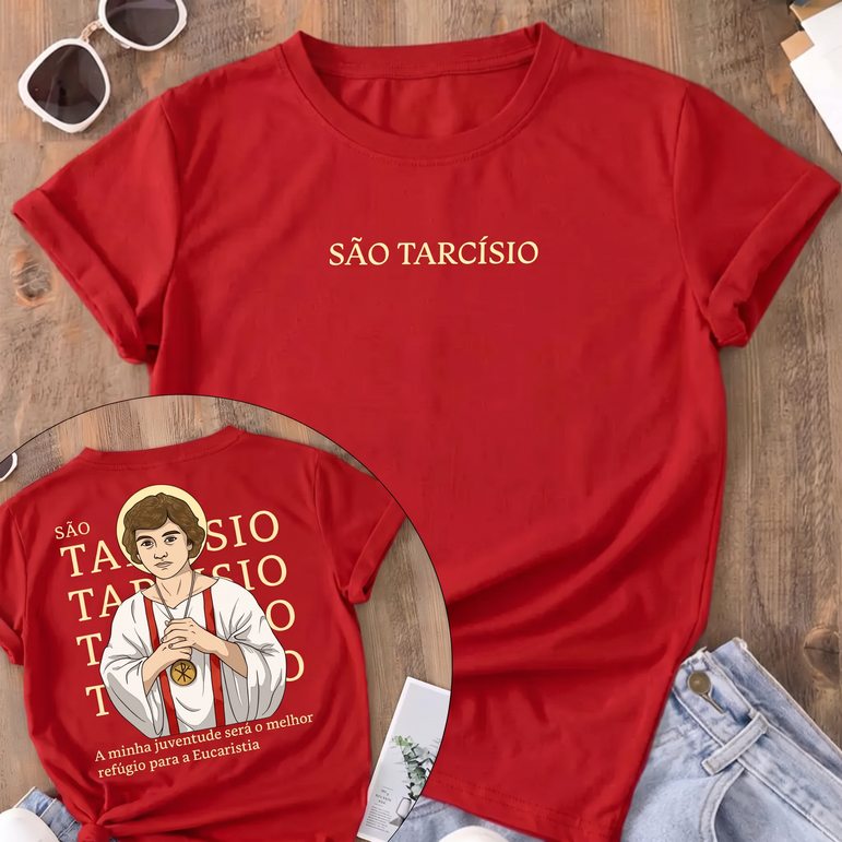 Camiseta São Tarcísio Frente e Costas Feminina Vermelho