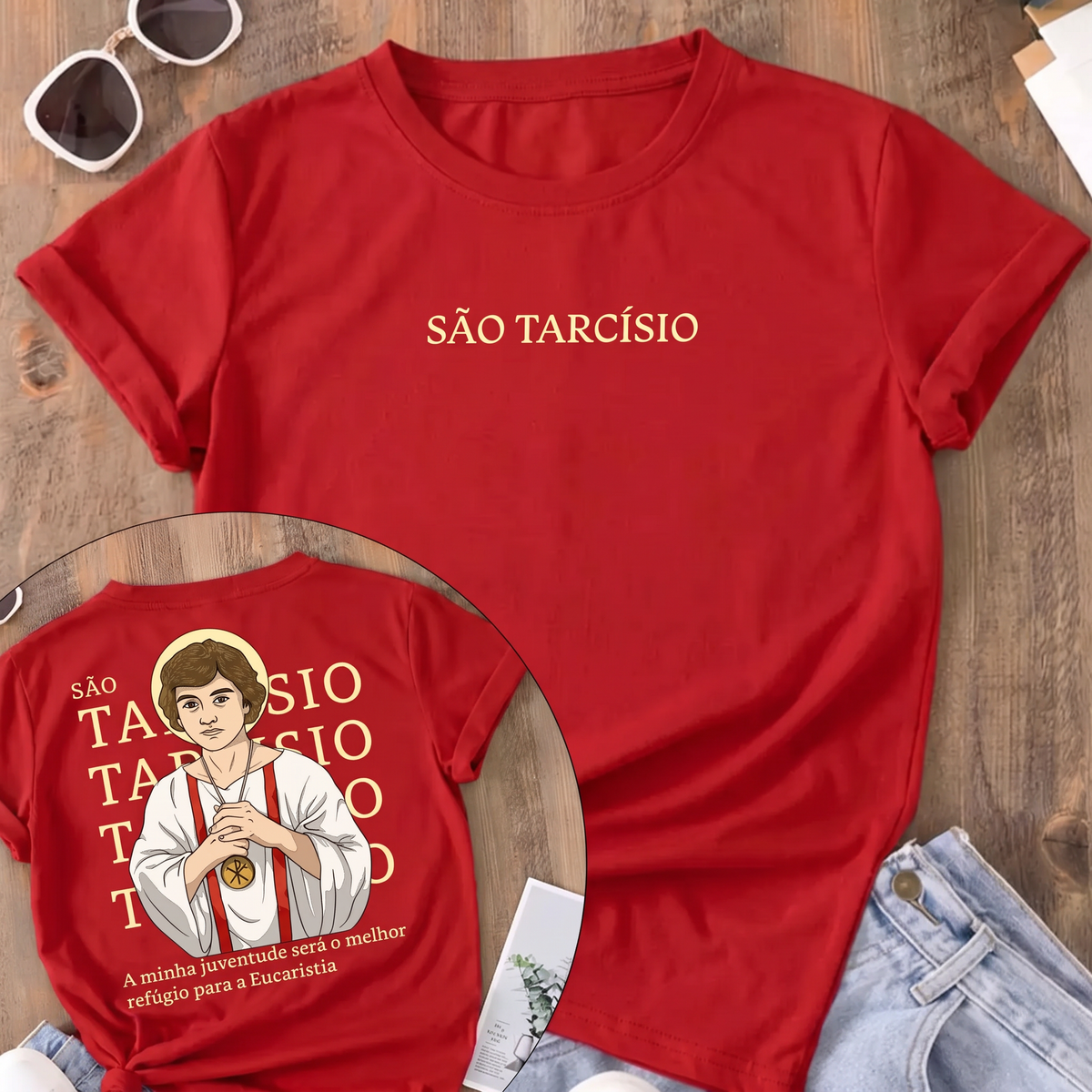 Camiseta São Tarcísio Frente e Costas Feminina Vermelho