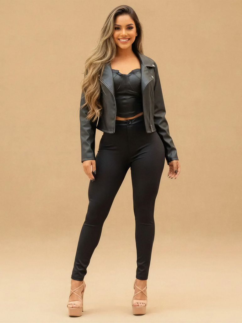 Jaqueta Feminina Couro PU Biker Preta - look completo