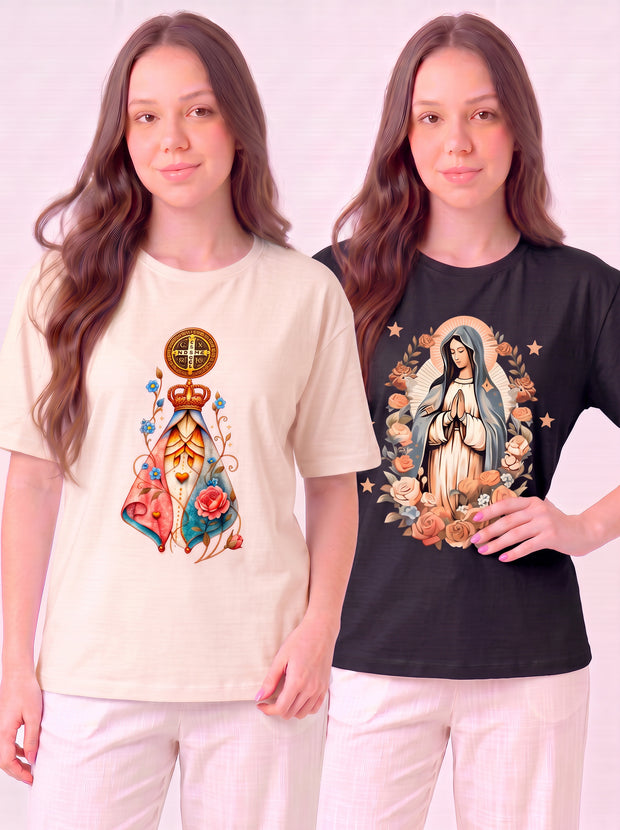 Kit Aparecida Medalha de São Bento + Nossa Senhora Floral Bege (Aparecida) + Preto (Floral)
