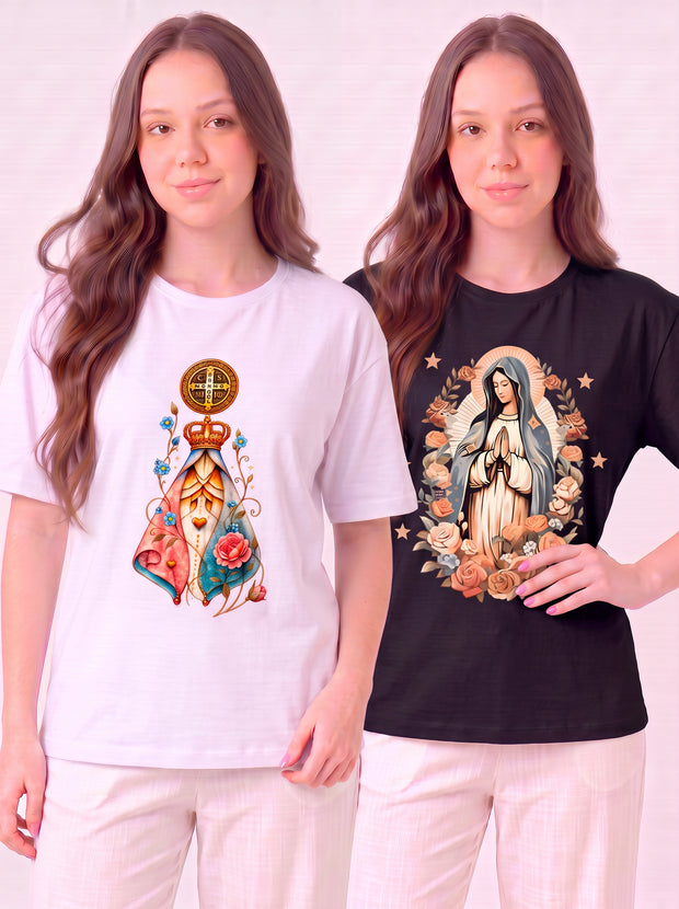 Kit Aparecida Medalha de São Bento + Nossa Senhora Floral Branco (Aparecida) + Preto (Floral)