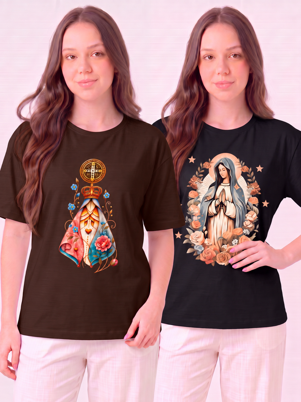 Kit Aparecida Medalha de São Bento + Nossa Senhora Floral Marrom (Aparecida) + Preto (Floral)