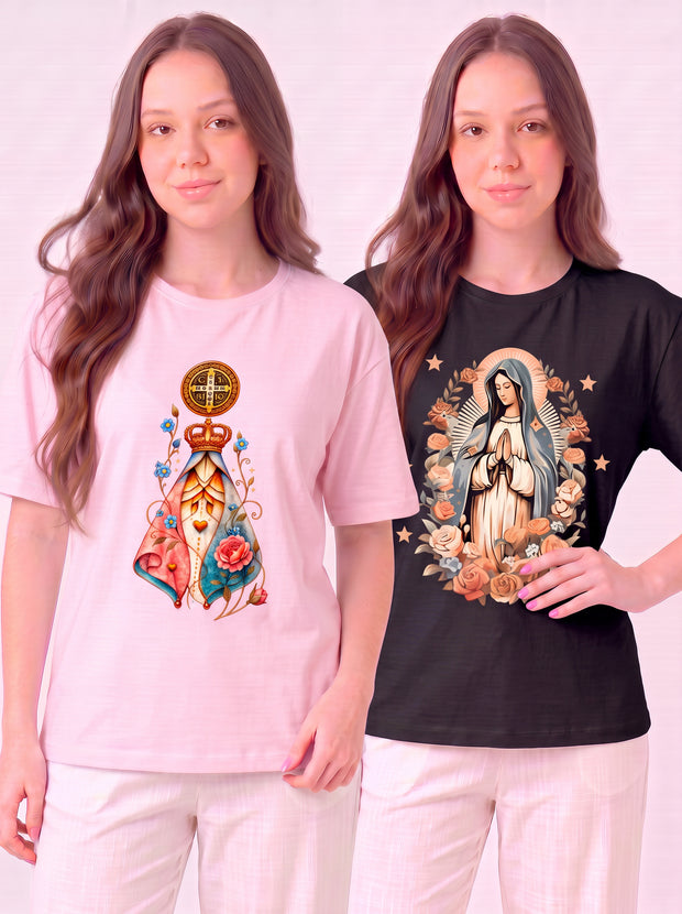 Kit Aparecida Medalha de São Bento + Nossa Senhora Floral Rosa (Aparecida) + Preto (Floral)