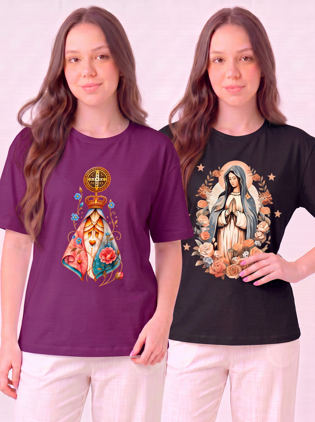 Kit Aparecida Medalha de São Bento + Nossa Senhora Floral Roxo (Aparecida) + Preto (Floral)