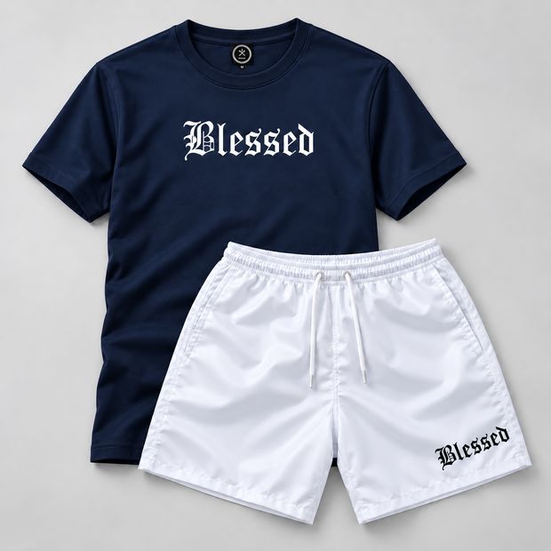 Kit Blessed Camiseta Azul-marinho + Bermuda Branca
