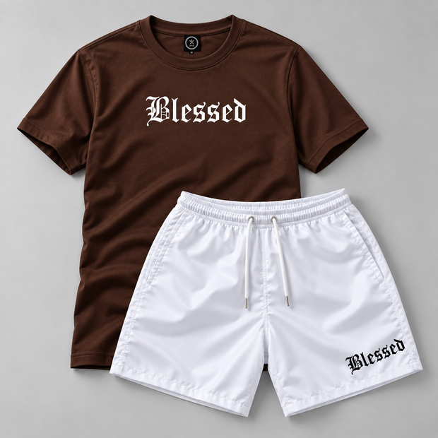 Kit Blessed Camiseta Marrom + Bermuda Branca