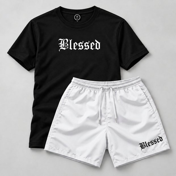 Kit Blessed Camiseta Preta + Bermuda Branca