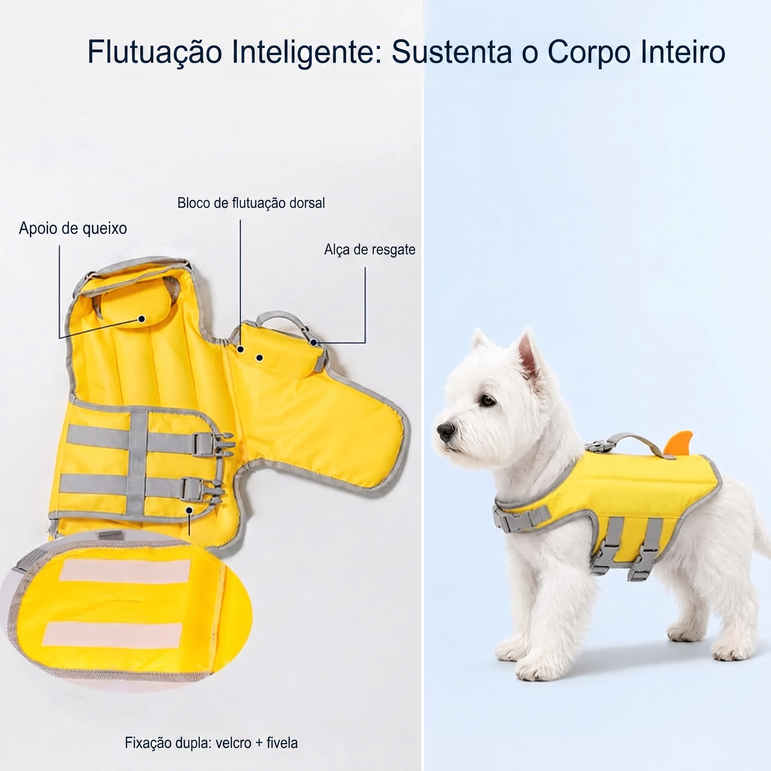 Detalhes do colete salva-vidas: apoio de queixo, bloco de flutuação dorsal e alça de resgate