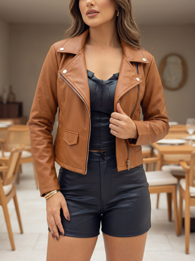 Jaqueta Feminina Couro PU Biker Caramelo - look restaurante v4