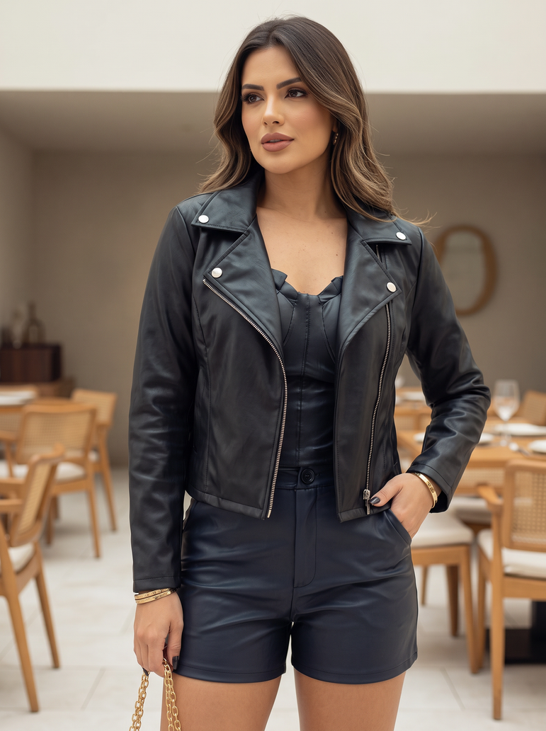 Jaqueta Feminina Couro PU Biker Preta - look restaurante v2