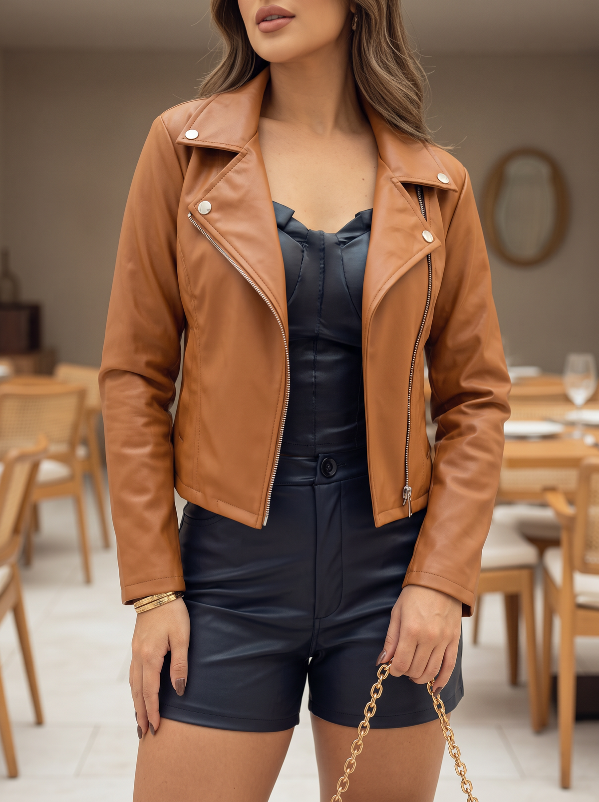 Jaqueta Feminina Couro PU Biker Caramelo - look restaurante v1