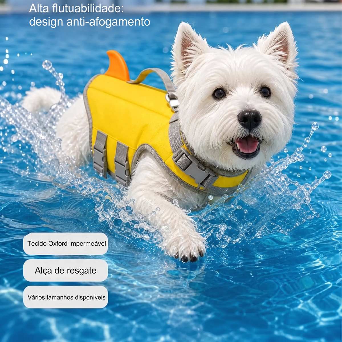 Cachorro West Terrier correndo na piscina com colete salva-vidas — alta flutuabilidade, design anti-afogamento