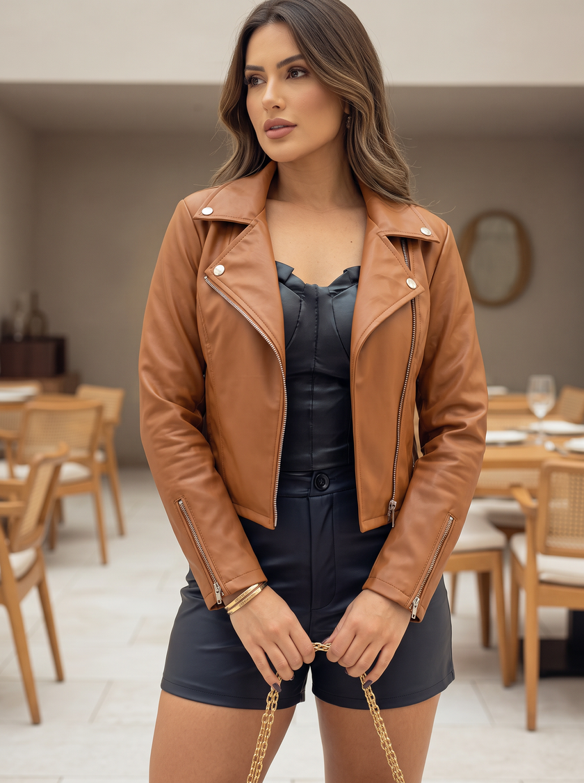 Jaqueta Feminina Couro PU Biker Caramelo - look restaurante v3